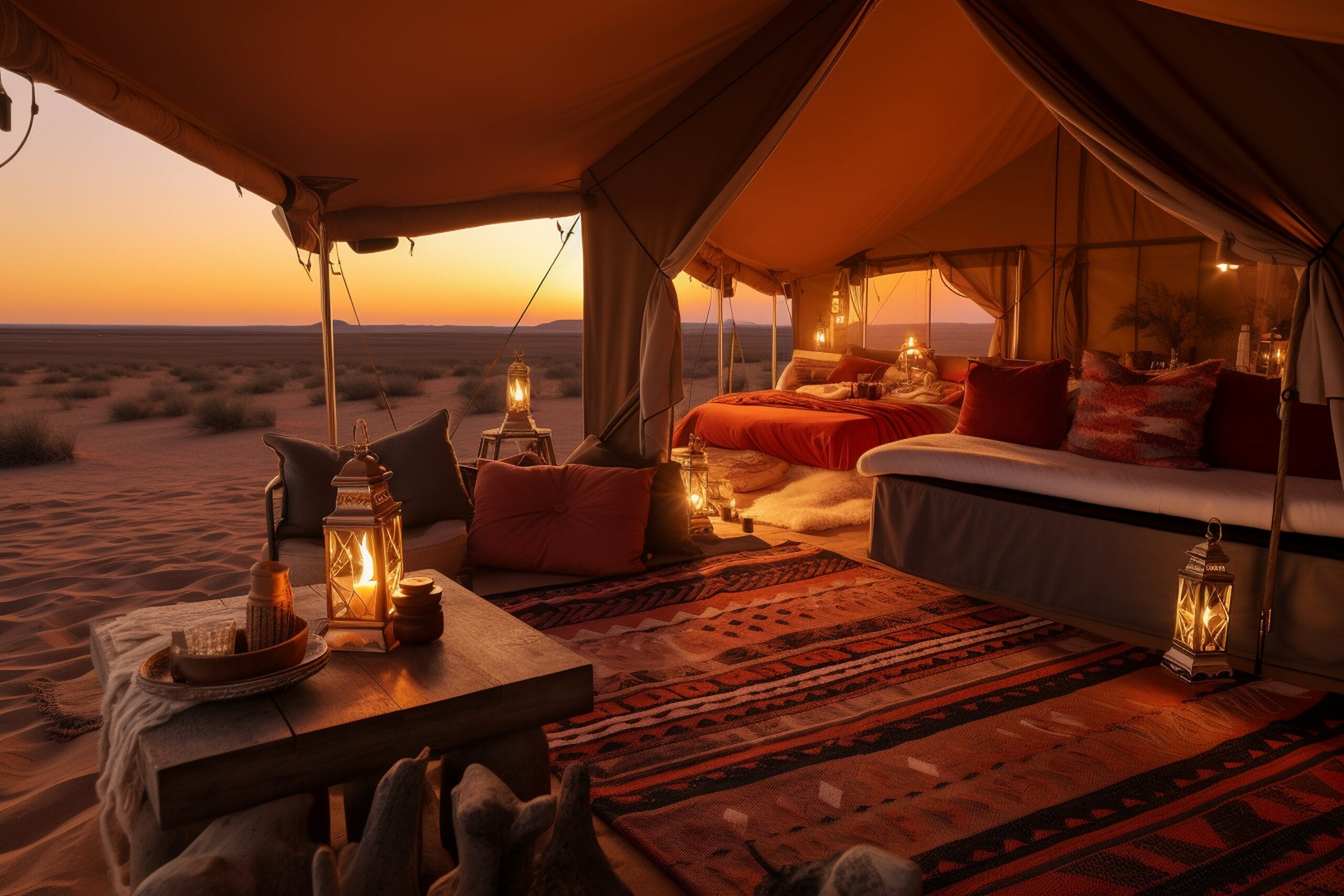Candlelit romantic dinner setup in a luxury riad courtyard in Marrakech